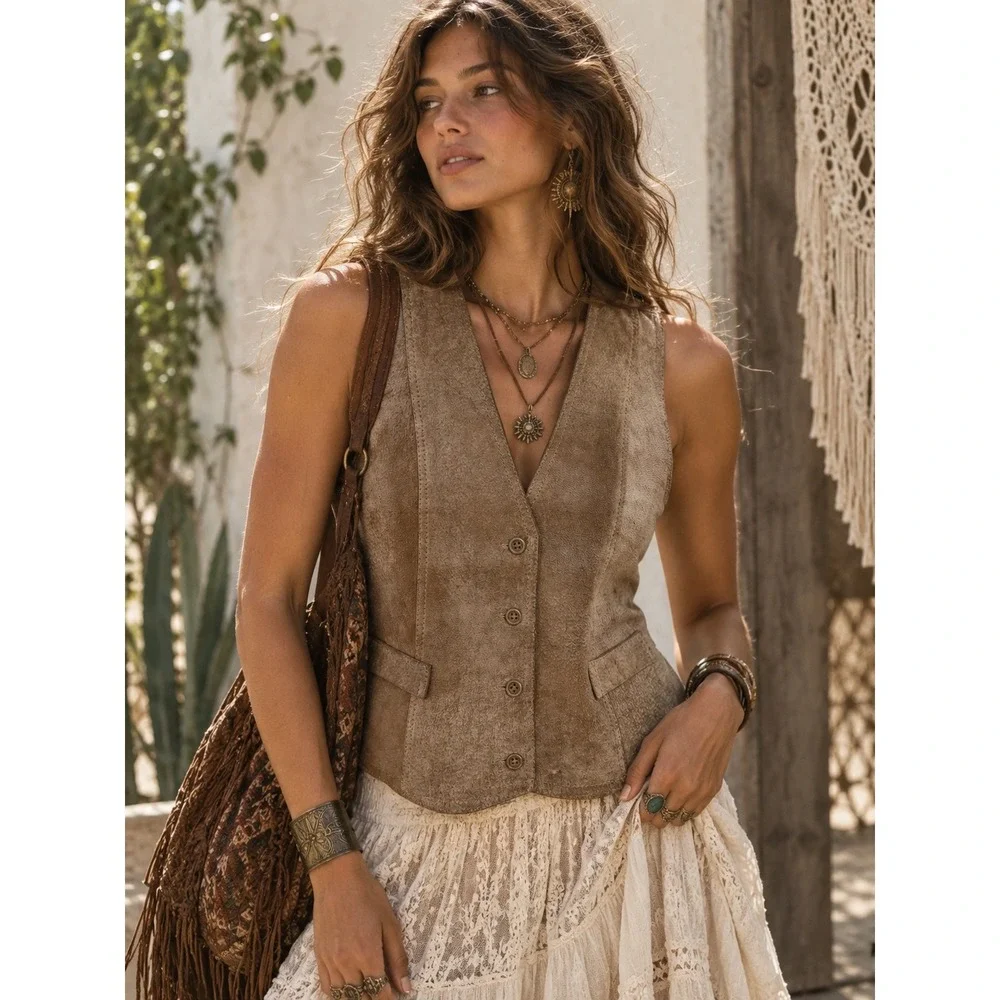 Vintage Boho Large Leather Vest Suede Front Satin Back Cinch Tan Camel Festival